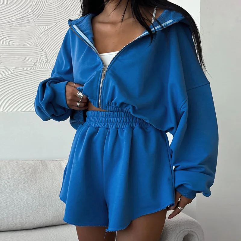 Female Autumn Leisure Fleece And Shorts Suit - Blue - View 1