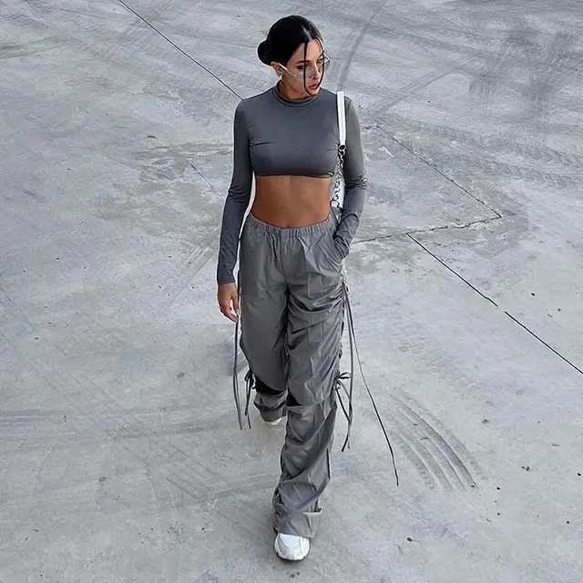 Loose fitting Wide leg Trousers Women's Street Drawstring Gray - Shop at LoveMi