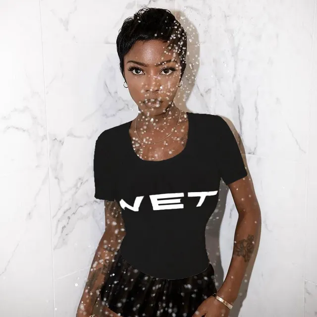 Hot Girl Bare Midriff Slim Fit T shirt Short Sleeve Printed Thin Black - Shop at LoveMi