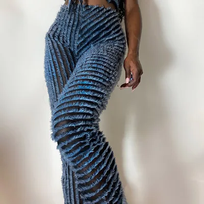 Women's Fashionable High Waist Texture Pants Blue - Shop at LoveMi