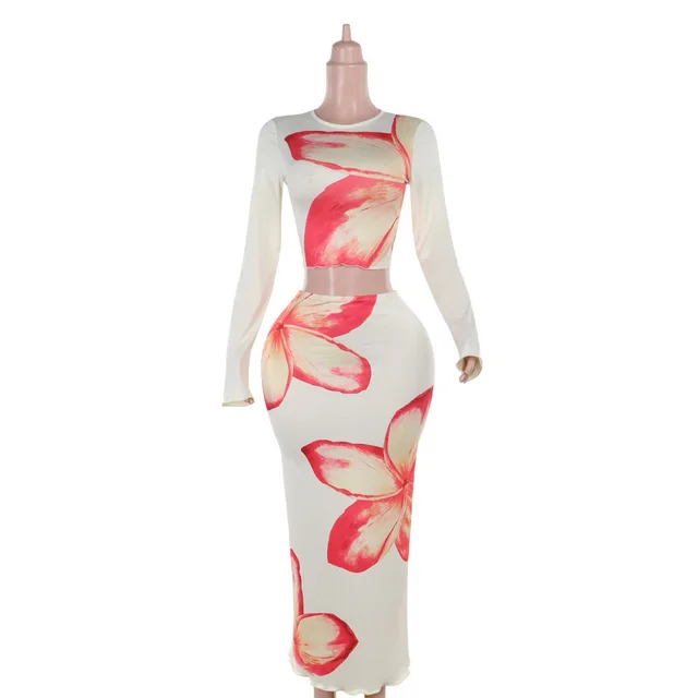 Elegant Slim Print Round Neck Long Sleeve Top Mid length Dress Set Apricot Beige - Shop at LoveMi
