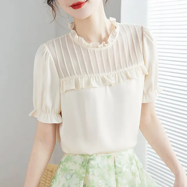 Western Style Beautiful Chiffon Shirt Spring And Summer Loose Design Comfortable Chic Small Shirt Top Women Beige - Shop at LoveMi