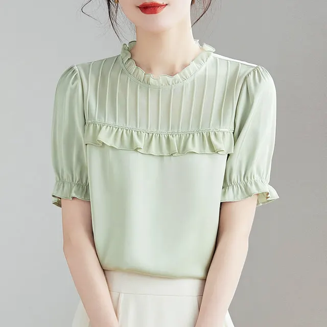 Western Style Beautiful Chiffon Shirt Spring And Summer Loose Design Comfortable Chic Small Shirt Top Women Green - Shop at LoveMi
