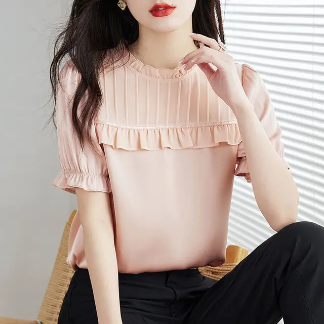 Western Style Beautiful Chiffon Shirt Spring And Summer Loose Design Comfortable Chic Small Shirt Top Women Pink - Shop at LoveMi