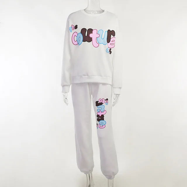Women's Casual English Alphabet Letters Printed Sweatshirt And Sweatpants Suit White - Shop at LoveMi
