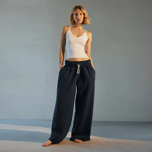 Fashion Style Simple Casual All match Drawstring Stretchy Wide leg Sweatpants Dark Blue - Shop at LoveMi