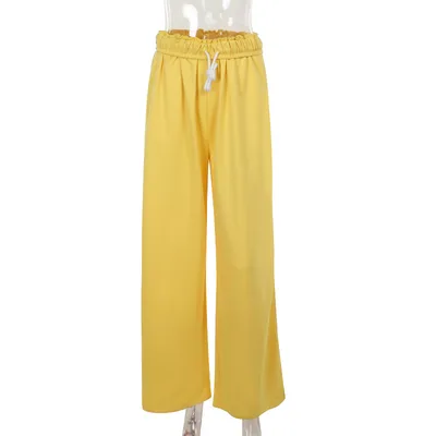 Fashion Style Simple Casual All match Drawstring Stretchy Wide leg Sweatpants Yellow - Shop at LoveMi