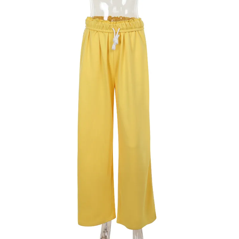 Fashion Style Simple Casual All match Drawstring Stretchy Wide leg Sweatpants Yellow - Shop at LoveMi