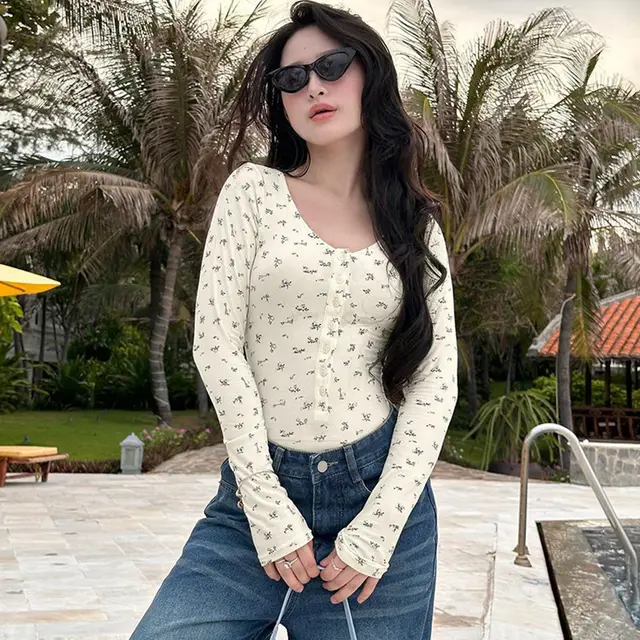 Women's Fashion Casual Floral Long sleeved Jumpsuit Apricot - Shop at LoveMi