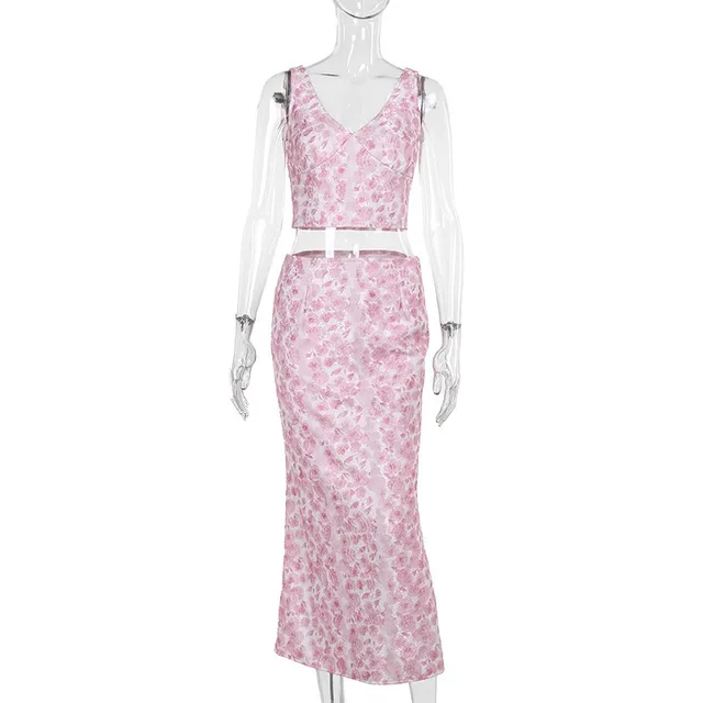Fashion Casual All match Floral Vest Mid length Dress Set Women Pink - Shop at LoveMi