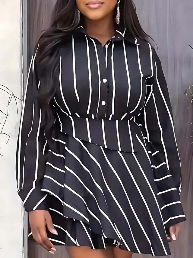 Women's Casual Plus Size Long Sleeve Printed Shirt Black Stripes - Shop at LoveMi