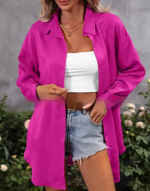 Fashion Loose Candy Color Long Sleeve Shirt Top Dark Pink - Shop at LoveMi