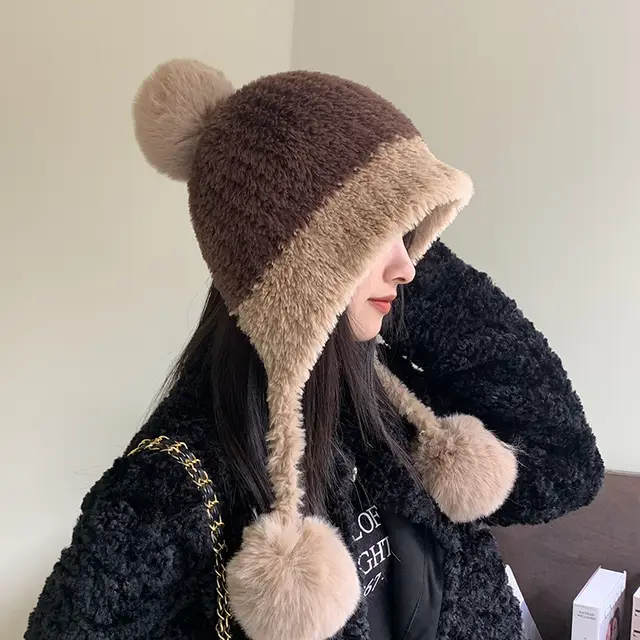 Fleece lined Thickened Knitting Hanging Ball Woolen Cap Warm Ear Protection Knitted Hat Reddish Brown - Shop at LoveMi