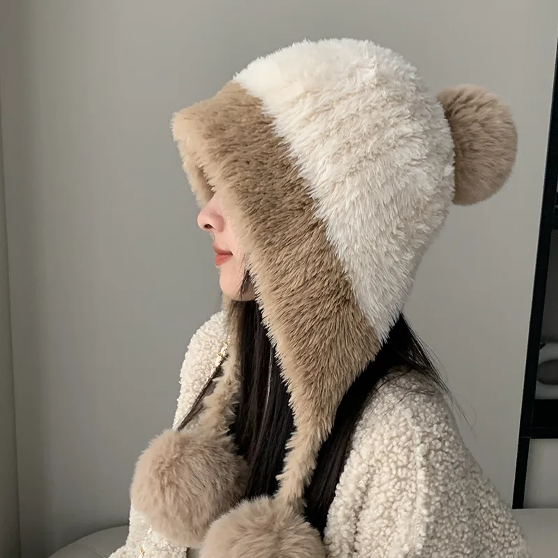 Fleece-lined Thickened Knitting Hanging Ball Woolen Cap Warm Ear Protection Knitted Hat - Yellow And White