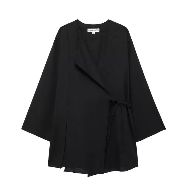 Women's Linen Kimono Cross Coat Fluid Pants Black Top - Shop at LoveMi
