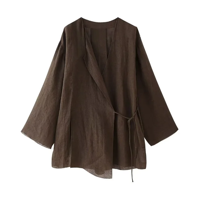 Women's Linen Kimono Cross Coat Fluid Pants Brown Top - Shop at LoveMi