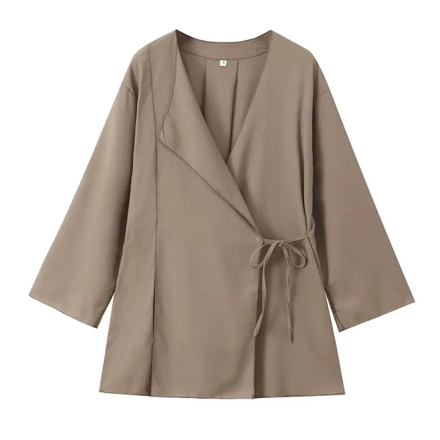 Women's Linen Kimono Cross Coat Fluid Pants Khaki Blouse - Shop at LoveMi