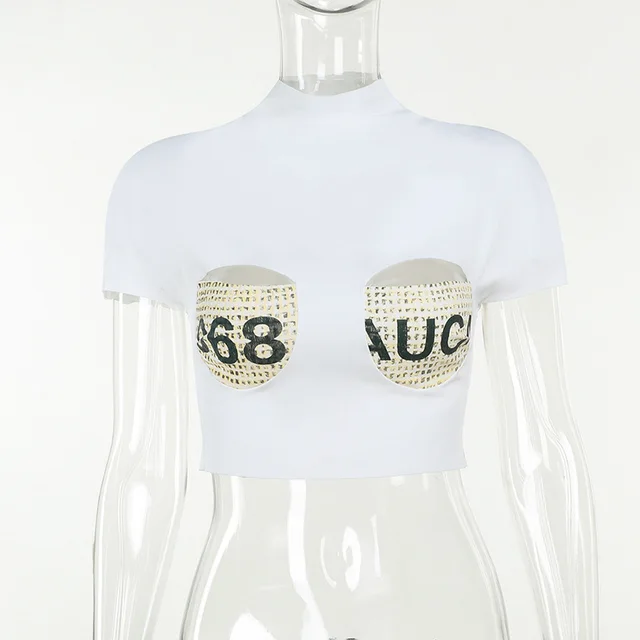 Half Turtleneck Printed Sexy Hollow Short Sleeve White - Shop at LoveMi