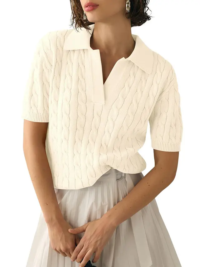 Women's Polo Collar Short sleeved Knitted Sweater Casual Sweater Pullover Solid Color Fashion Soft Lapel V Neck Knitted Top Y2K Beige - Shop at LoveMi