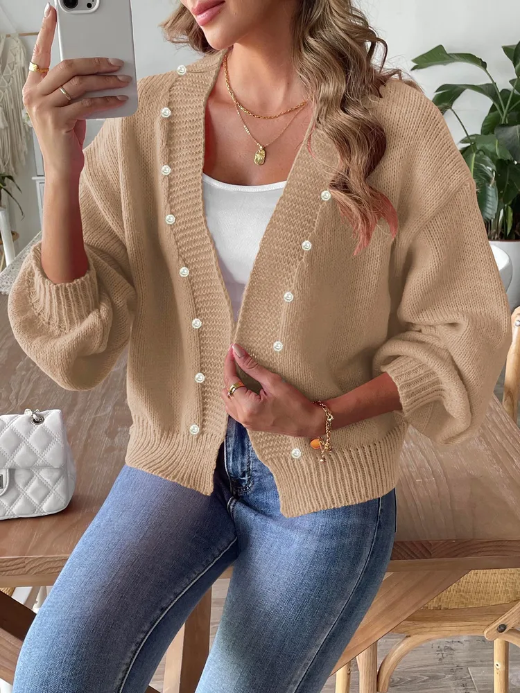Women's Short Pearl Beaded Cardigan Loose Buckle free Sweater Coat Khaki - Shop at LoveMi