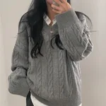 Loose Pullover Twist Sunken Stripe Design Blouse - Gray