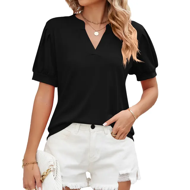 Women's V neck Puff Sleeve Short Sleeve T shirt Top Shirt Black - Shop at LoveMi
