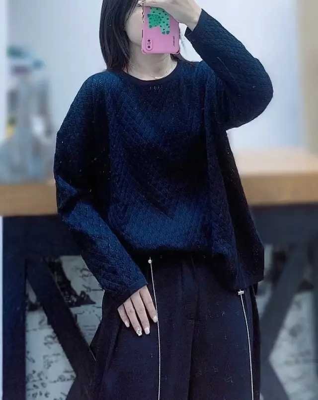 Women's Solid Color Round Neck Texture Loose Casual Long Sleeves Knitted Sweater Sweater Black - Shop at LoveMi