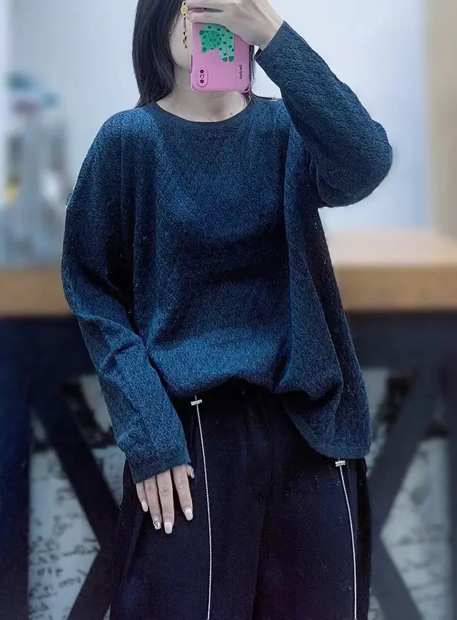 Women's Solid Color Round Neck Texture Loose Casual Long Sleeves Knitted Sweater Sweater Dark Gray - Shop at LoveMi