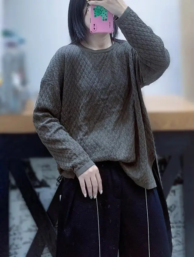 Women's Solid Color Round Neck Texture Loose Casual Long Sleeves Knitted Sweater Sweater Deep Coffee - Shop at LoveMi