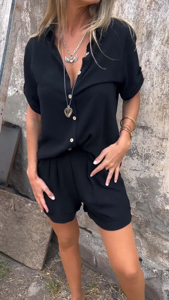 Short-sleeved Suits Fashion Lapel Button Shirt Top And Pocket Shorts Women's Clothing - Black