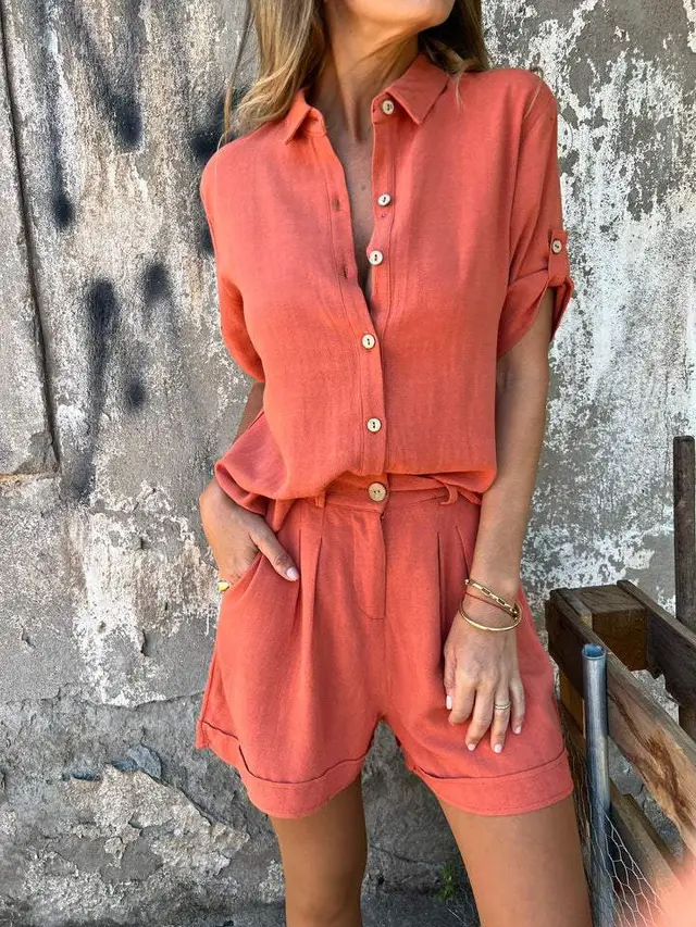 Short sleeved Suits Fashion Lapel Button Shirt Top And Pocket Shorts Women's Clothing Orange Red - Shop at LoveMi