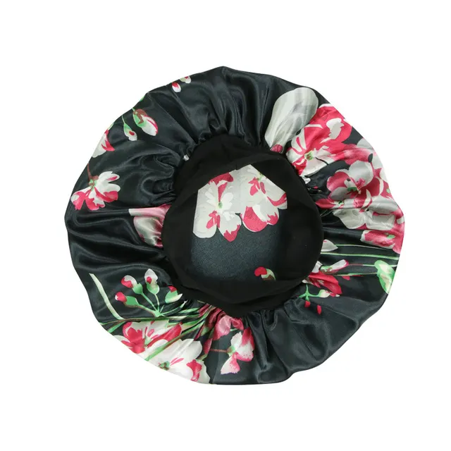 New Satin Print Nightcap Wide brimmed Elastic Shower Cap Black Flower - Shop at LoveMi