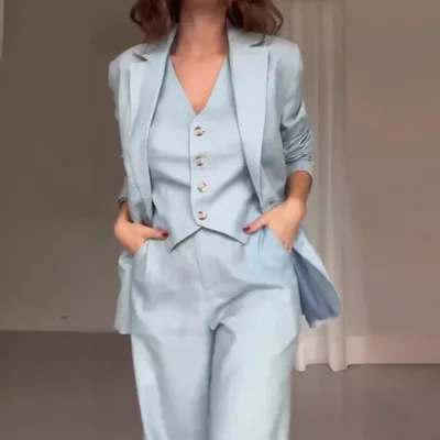 Season New Women's Clothing Solid Color Polo Collar Suit Trousers Two piece Set Light Blue - Shop at LoveMi
