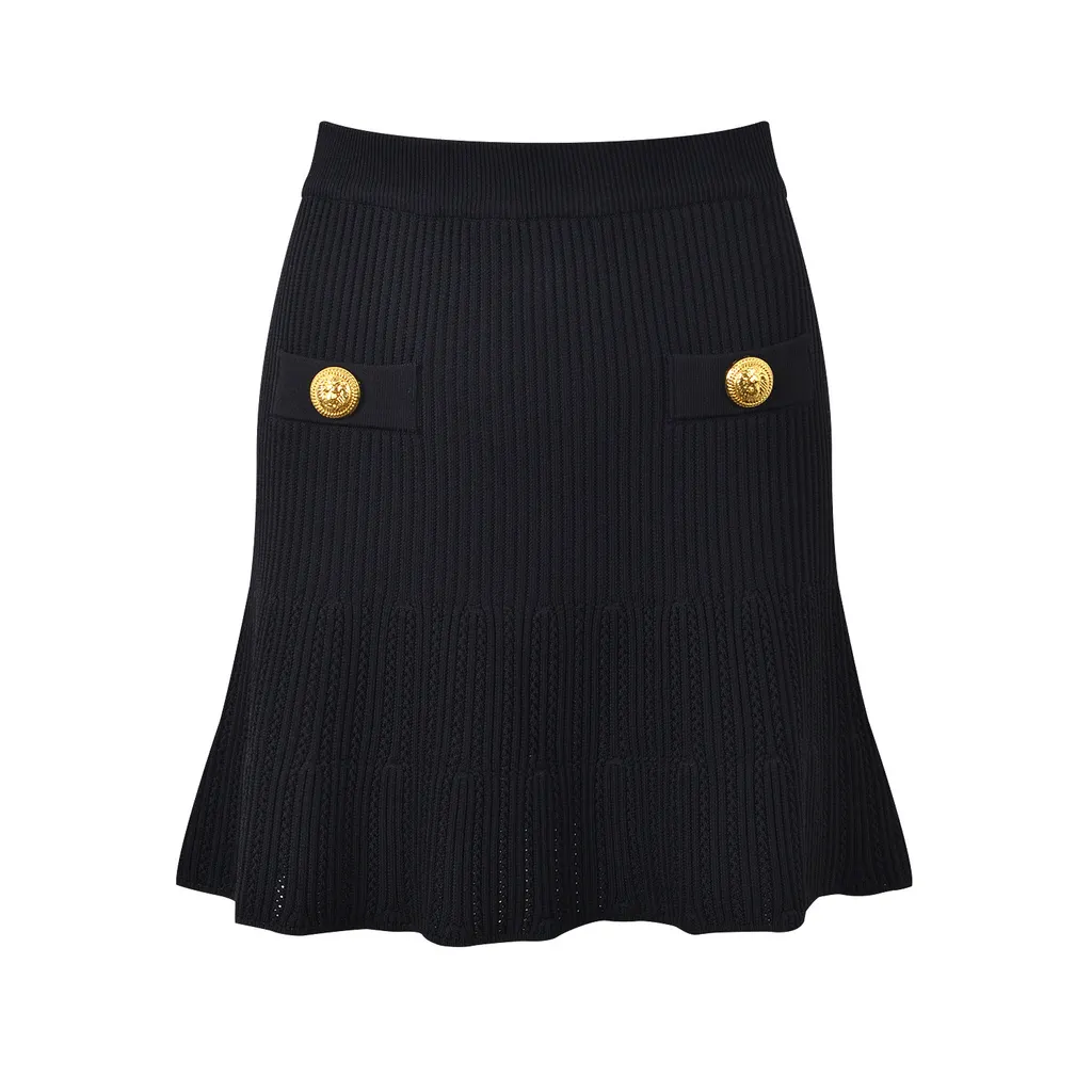 New Round Neck Metal Button Knitted Top Mid-length Dress Set - Black Overskirt