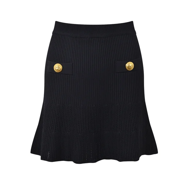 New Round Neck Metal Button Knitted Top Mid length Dress Set Black Overskirt - Shop at LoveMi