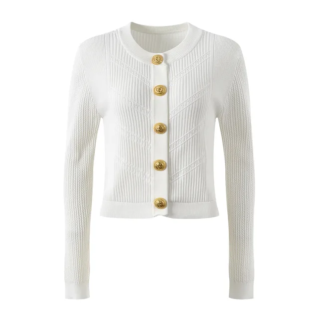 New Round Neck Metal Button Knitted Top Mid length Dress Set Long Sleeve White - Shop at LoveMi