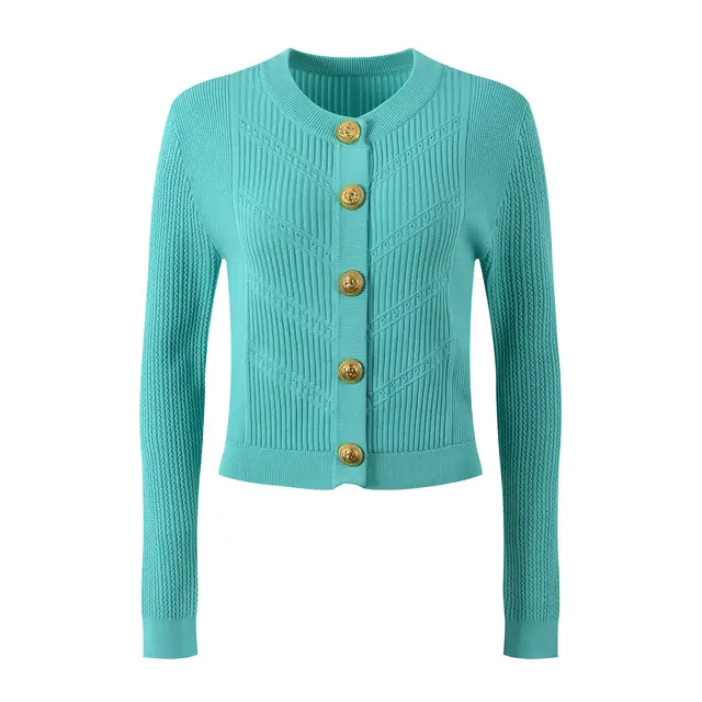 New Round Neck Metal Button Knitted Top Mid length Dress Set Long Sleeves Green - Shop at LoveMi