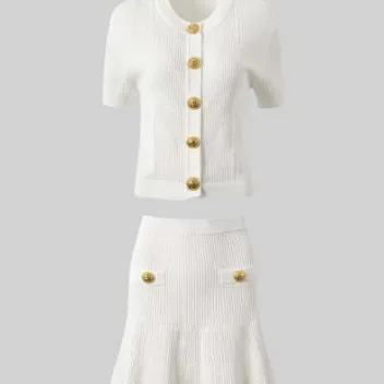 New Round Neck Metal Button Knitted Top Mid length Dress Set Set B - Shop at LoveMi