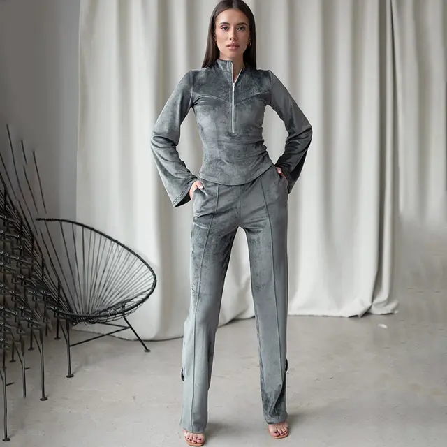 Fashionable Elegant Slim fit Suede Long sleeved Trousers Casual Suit Gray - Shop at LoveMi