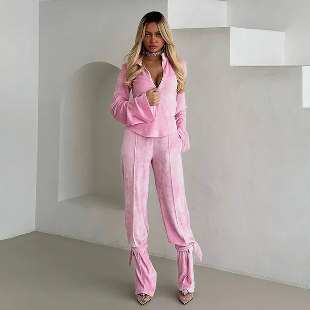 Fashionable Elegant Slim fit Suede Long sleeved Trousers Casual Suit Pink - Shop at LoveMi