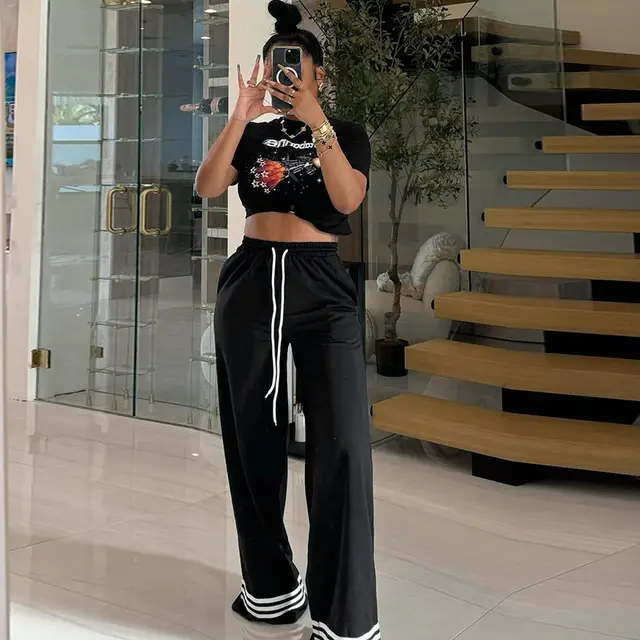 Simple Style Casual All matching Elastic Waistband Contrast Color Patch Wide Leg Sweatpants Black - Shop at LoveMi