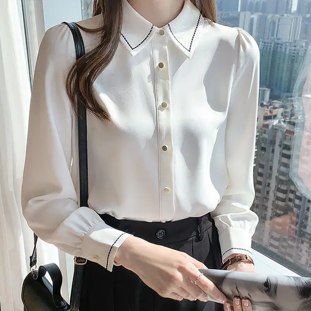 Spring And Autumn White Chiffon Long Sleeve Design Sense Niche Inner Bottoming Top Formal Shirt For Women White - Shop at LoveMi