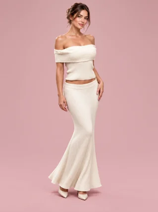 Off-shoulder Slim-fit Crop-top High Waist Woolen Skirt - Apricot