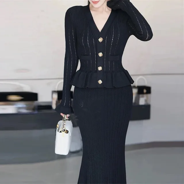 Female V neck Ruffled Long Sleeved Patchwork Dress Black - Shop at LoveMi