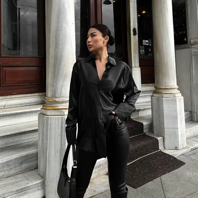 European And American Style Graceful And Fashionable Slim fit Glossy Satin Shirt Top Black - Shop at LoveMi