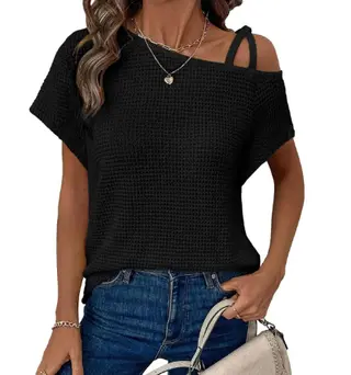 Women's Short-sleeved Solid Color Top Fashionable All-match Off-shoulder Knitted T-shirt - Black
