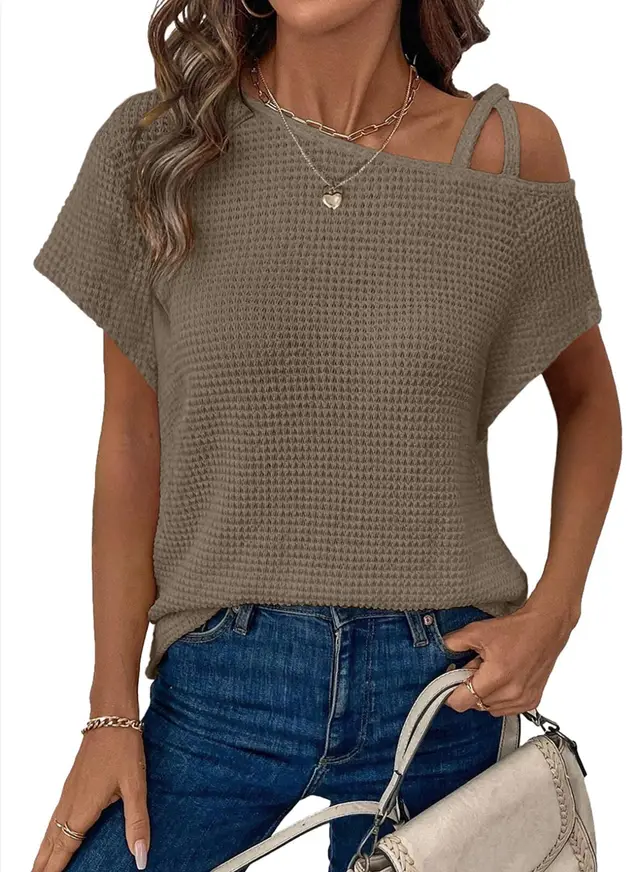 Women's Short sleeved Solid Color Top Fashionable All match Off shoulder Knitted T shirt Brown - Shop at LoveMi