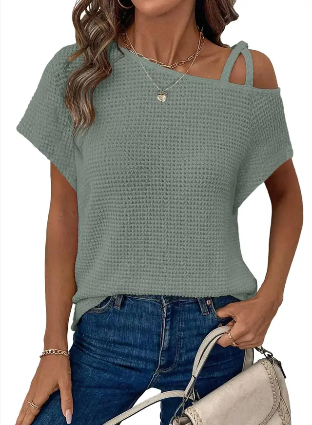 Women's Short sleeved Solid Color Top Fashionable All match Off shoulder Knitted T shirt Green - Shop at LoveMi