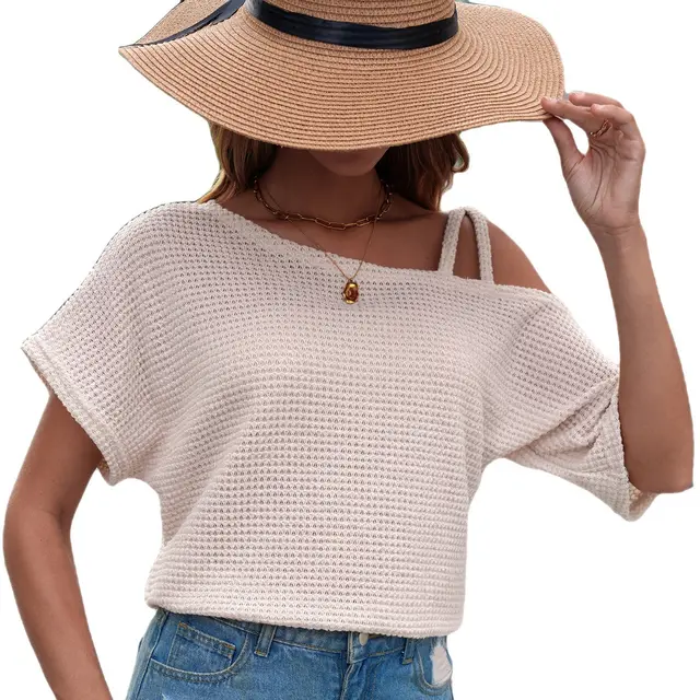 Women's Short sleeved Solid Color Top Fashionable All match Off shoulder Knitted T shirt Milky White - Shop at LoveMi