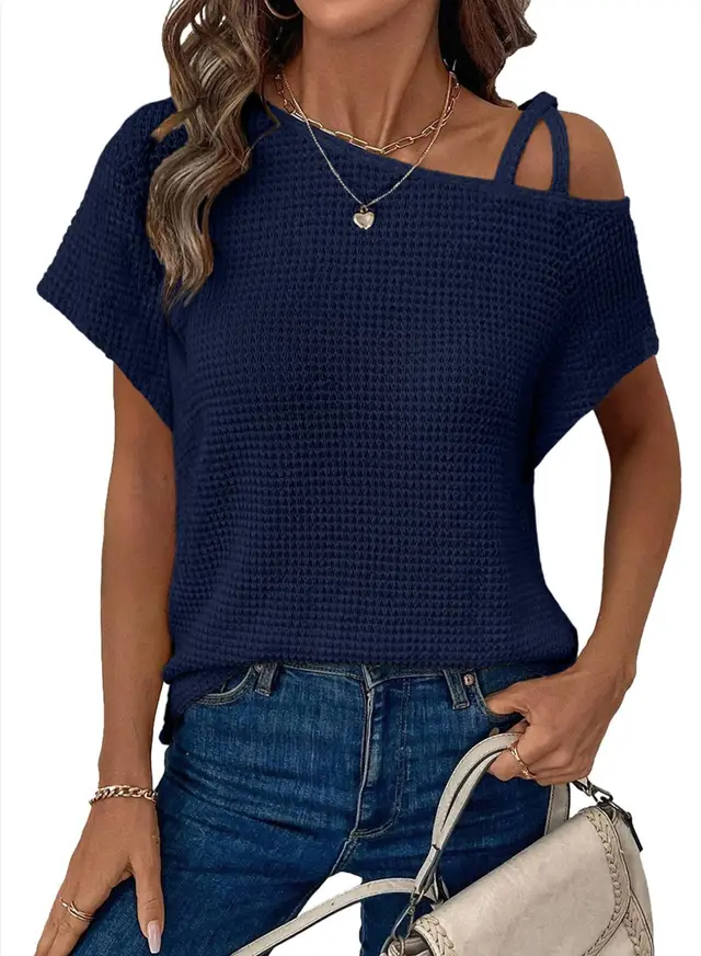 Women's Short sleeved Solid Color Top Fashionable All match Off shoulder Knitted T shirt Navy Blue - Shop at LoveMi